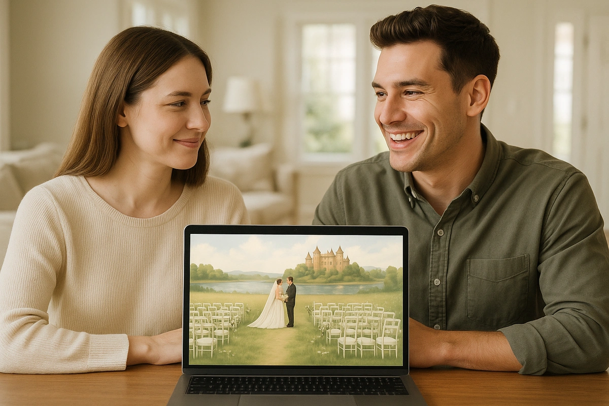 Future bride and groom sitting at their home dining room table with a dream wedding plan vision displayed on the laptop screen.