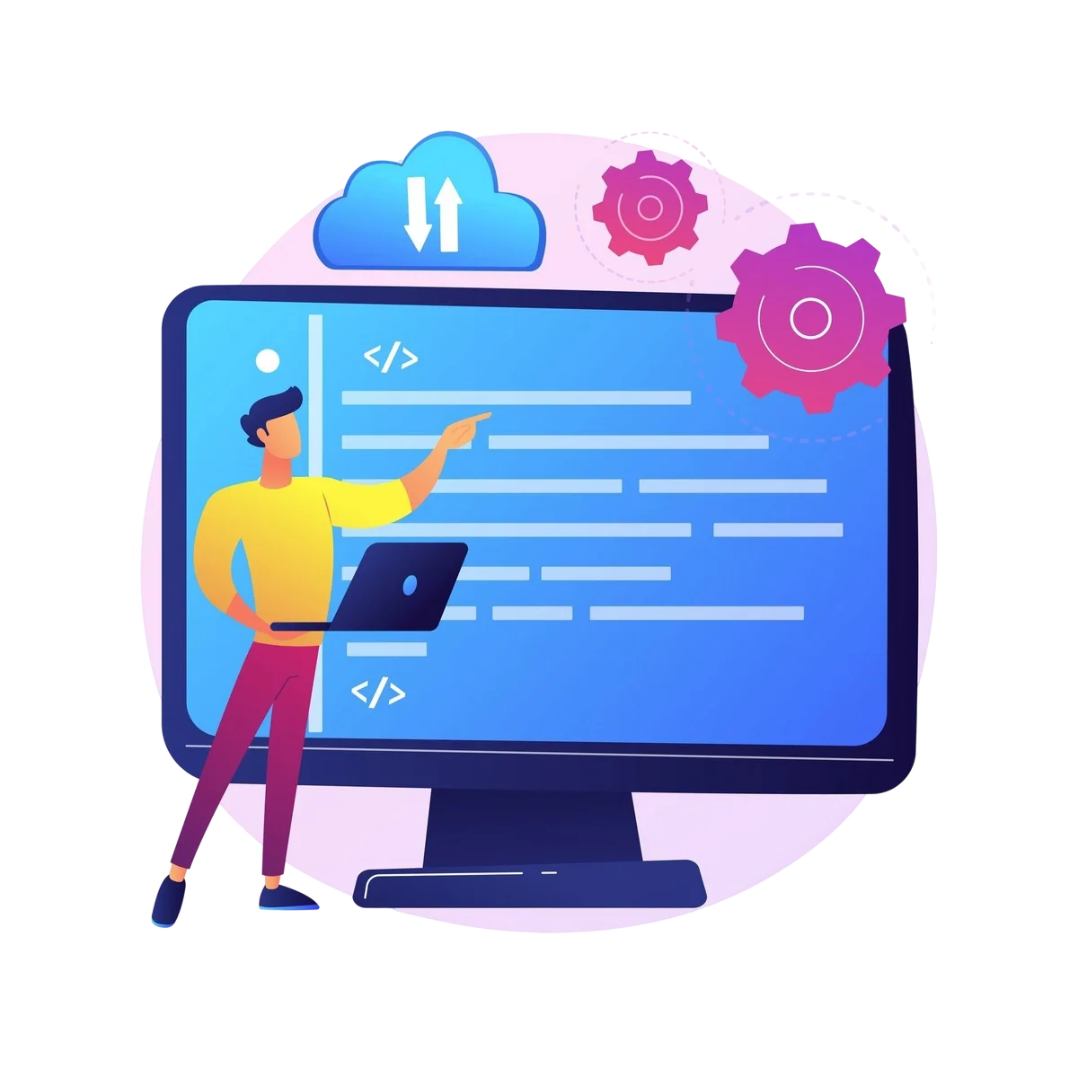 Developer pointing at large computer screen displaying code with cloud and gears, representing cloud-based development.