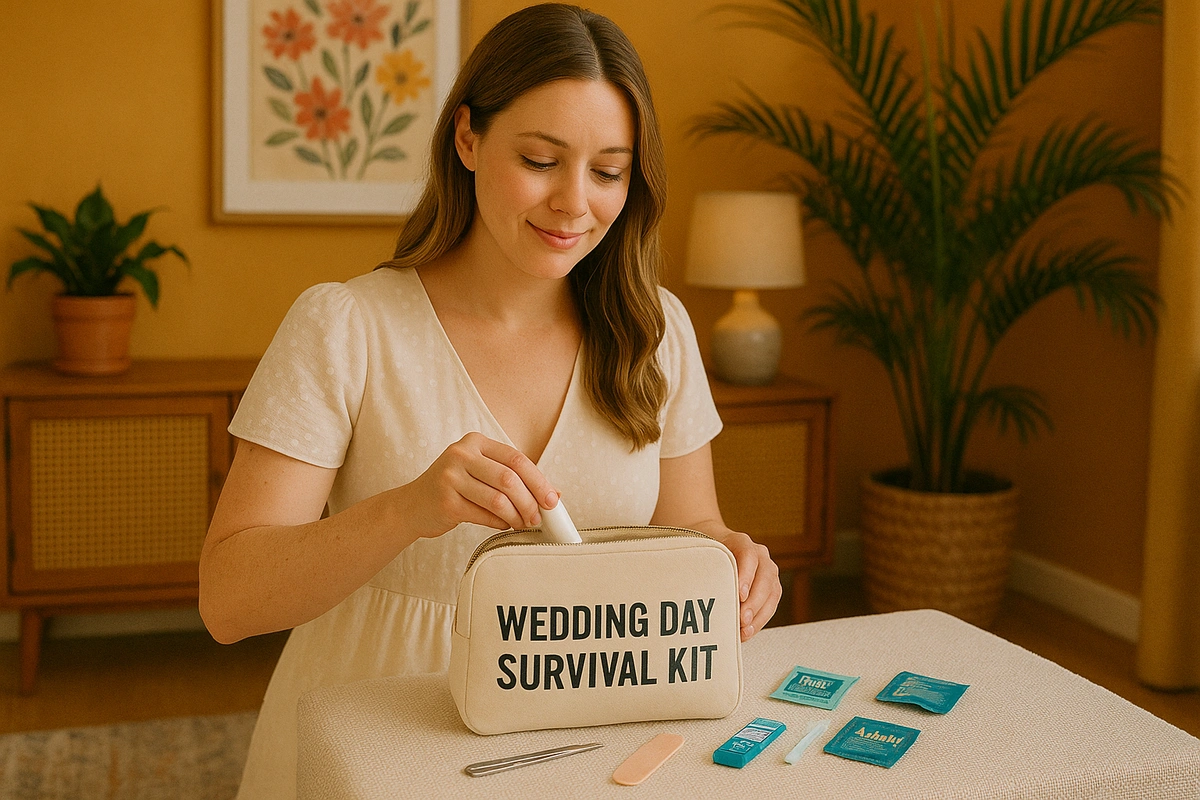 A bride packing her wedding day emergency kit prior to wedding day.