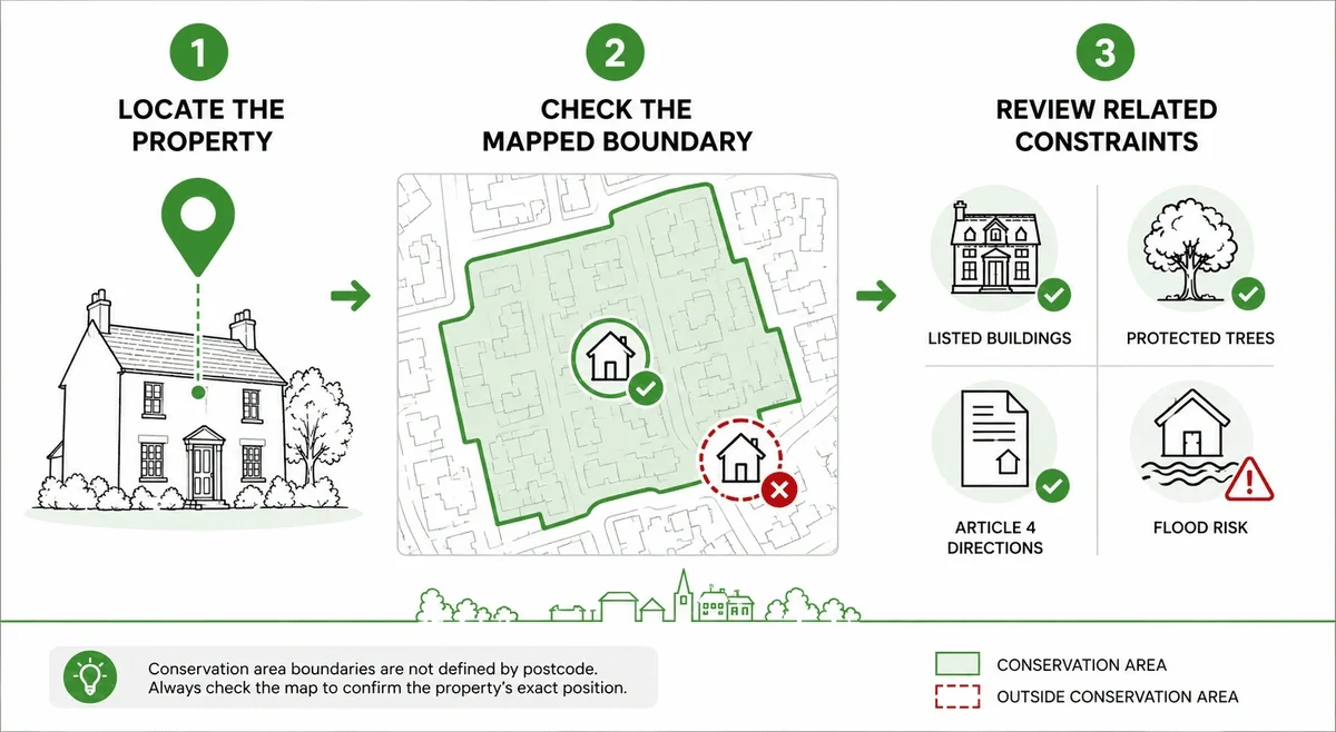 Infographic explaining how to check whether a property is in a conservation area using boundary maps and related planning constraints.