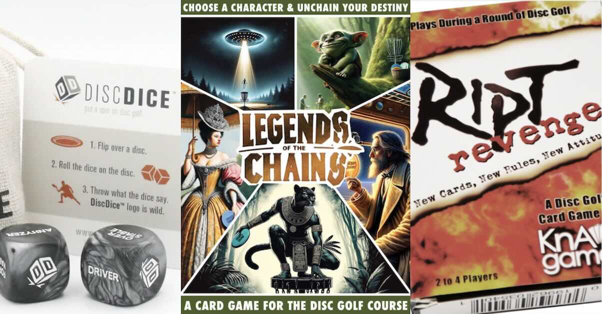 Three different disc golf games in side-by-side images