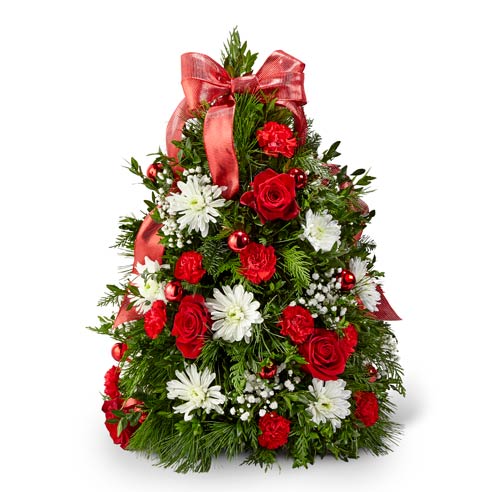 Red rose and white chrysanthemum mini live Christmas tree deliveries