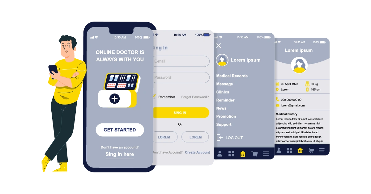 An illustration of a man looking at various user 
                    interfaces on his cell phone, including a landing page for 
                    an online doctor, a sign-in screen, a patient portal, and a 
                    patient profile screen.