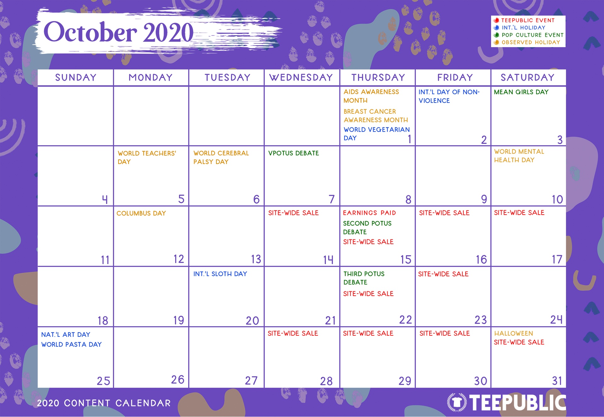 October Content Calendar TeePublic TeePublic