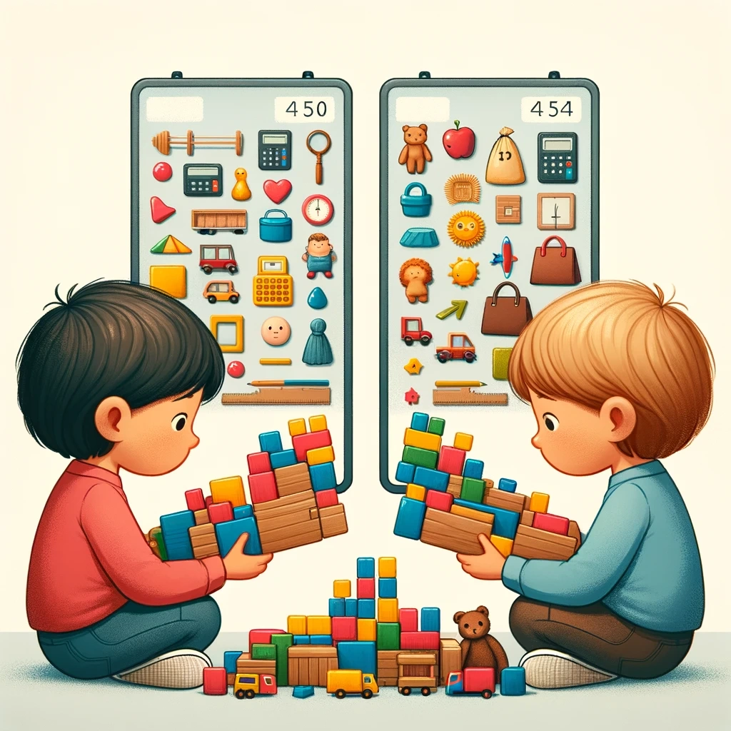 DALL·E 2024-01-31 19.56.30 - An image depicting two children comparing collections of objects, such as blocks or toys. They are visually assessing which collection has more items,.webp