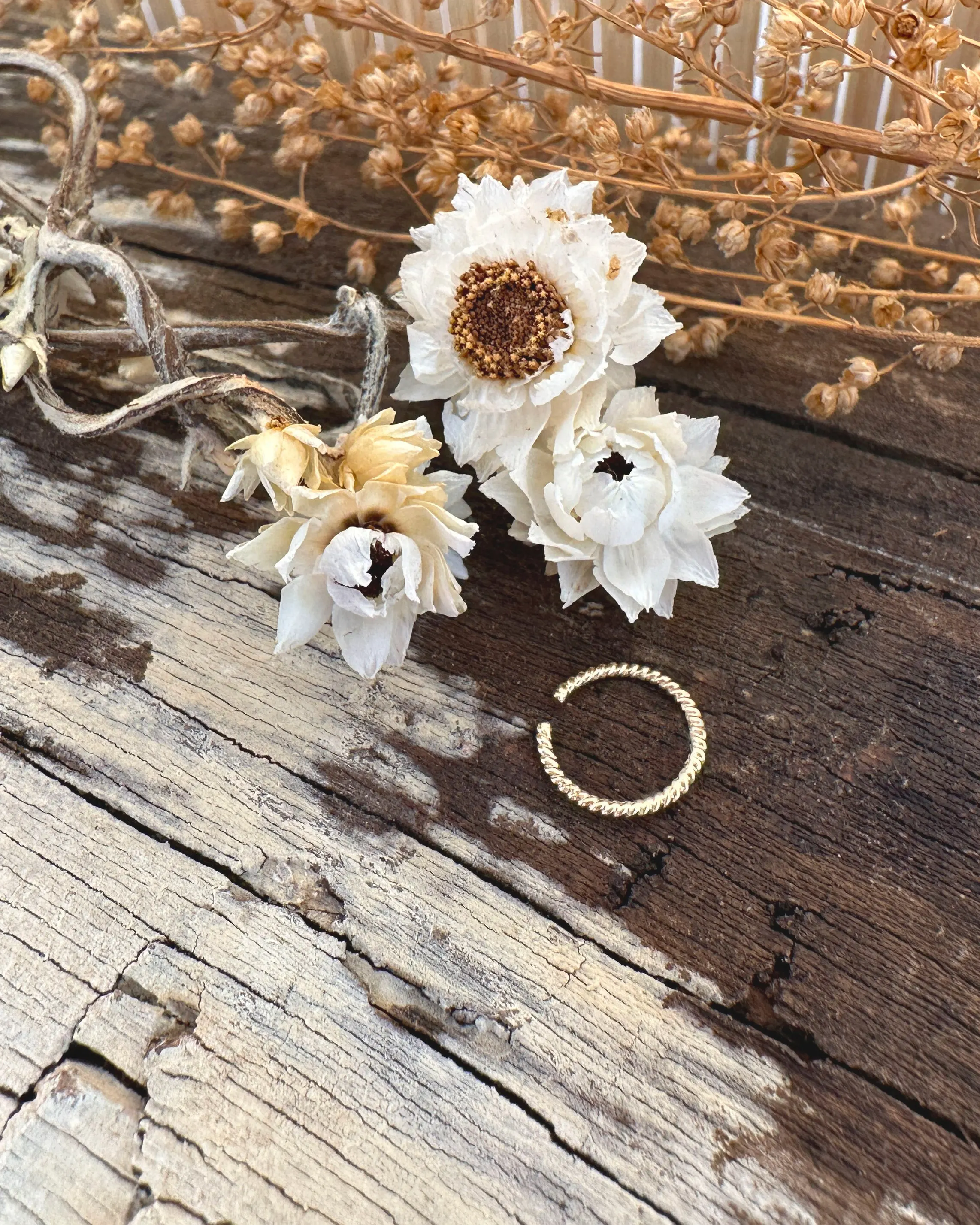 twisted open nose ring with dried flowers around it