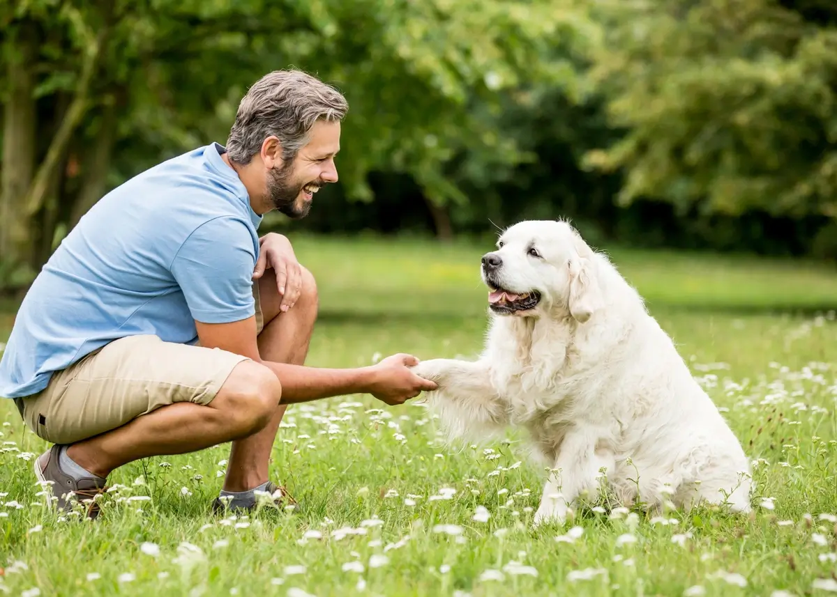A man crouches down to shake hands with a seated Great Pyrenees dog.