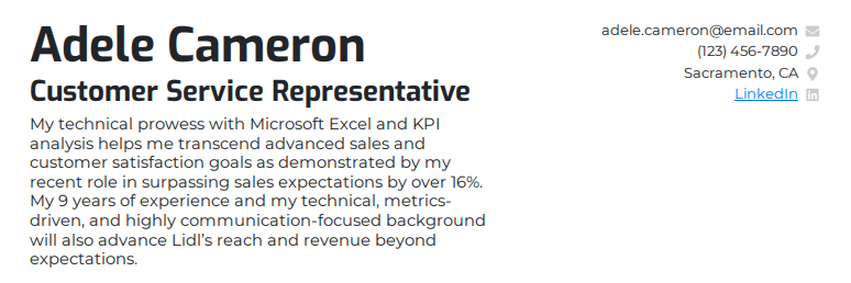 A resume summary for a customer service representative with 9 years of experience