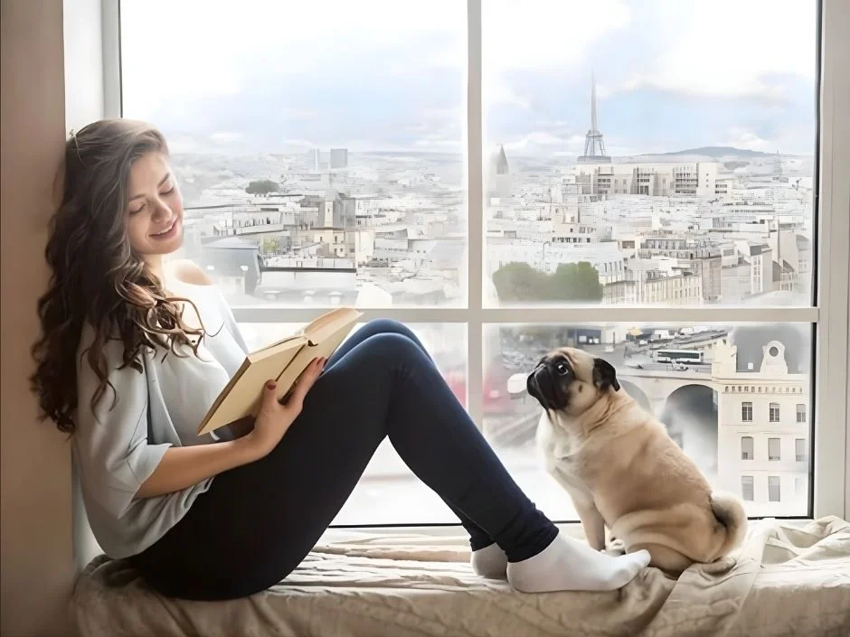 Young woman reading by a high-rise apartment window with a Pug sitting beside her and a city skyline visible behind them