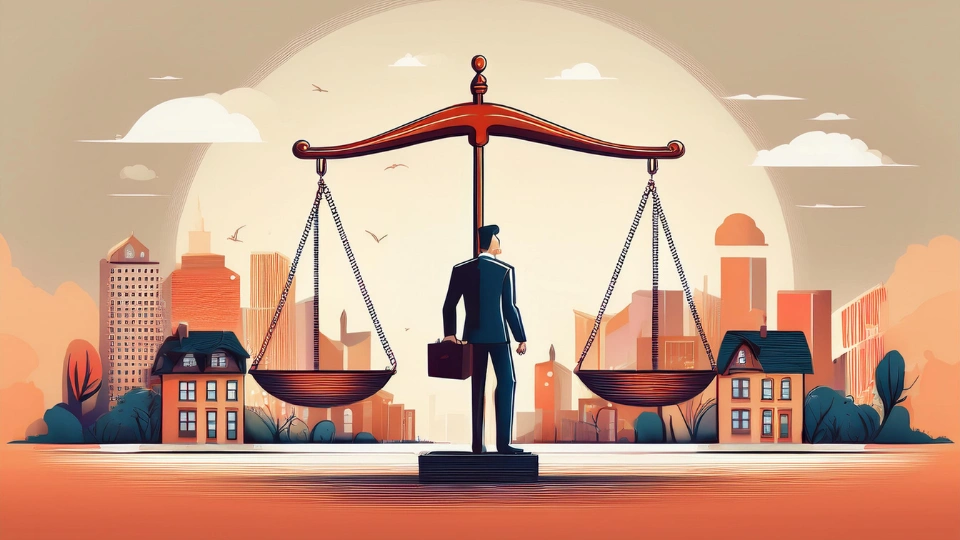 Illustration of a person holding a brief case looking at a scale with two homes on each side