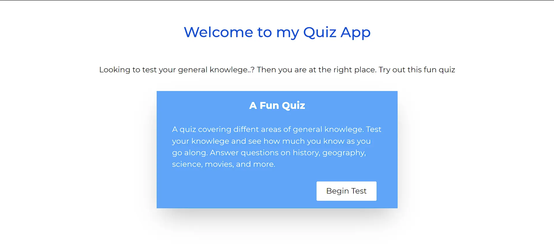 Rendered quiz app welcome page