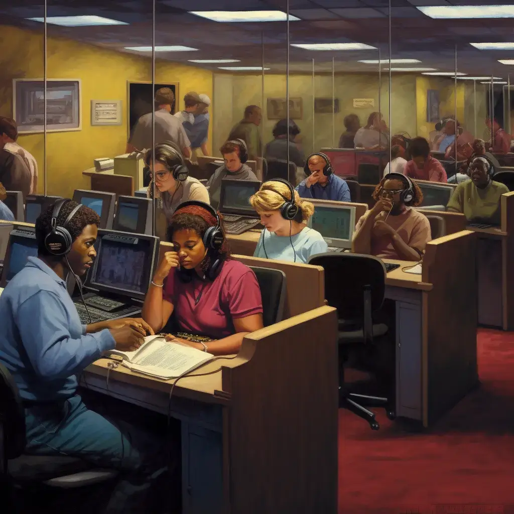 Subject: people in a Telephone Recovery Support center. Medium: photo realistic Environment: Vibrant indoor location Lighting: welcoming and modern Color: Rich and inviting hues Mood: Supportive and empathetic Composition: Group of diverse individual