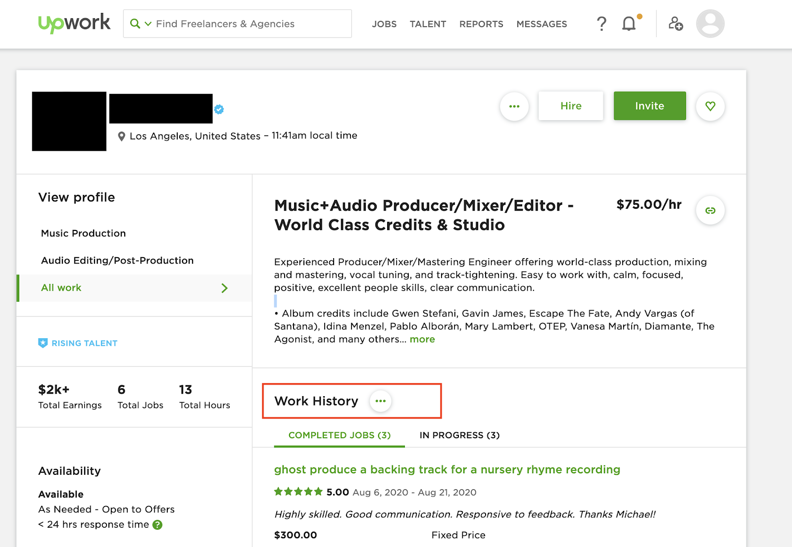 work history for an audiobook producer on UpWork