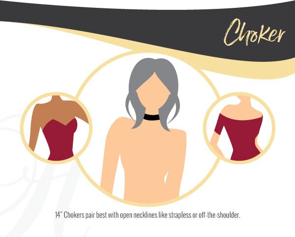 Choker length necklaces - 14 inches - Open necklines such as strapless or off the shoulder