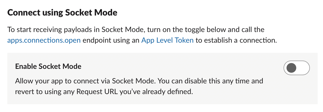 Enable socket mode in Slack toggle