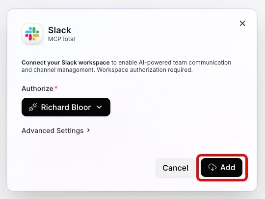 The add app information pop-up provides details about the Slack app, identifies the authorized connection, and shows the add option highlighted.