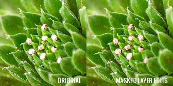 Comparison of image with over exposed beads with masked layer edits on the image