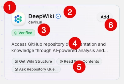 An app tile for DeepWiki with highlights indicating the app icon, source badge, status badge, description, tool badges, and add button.