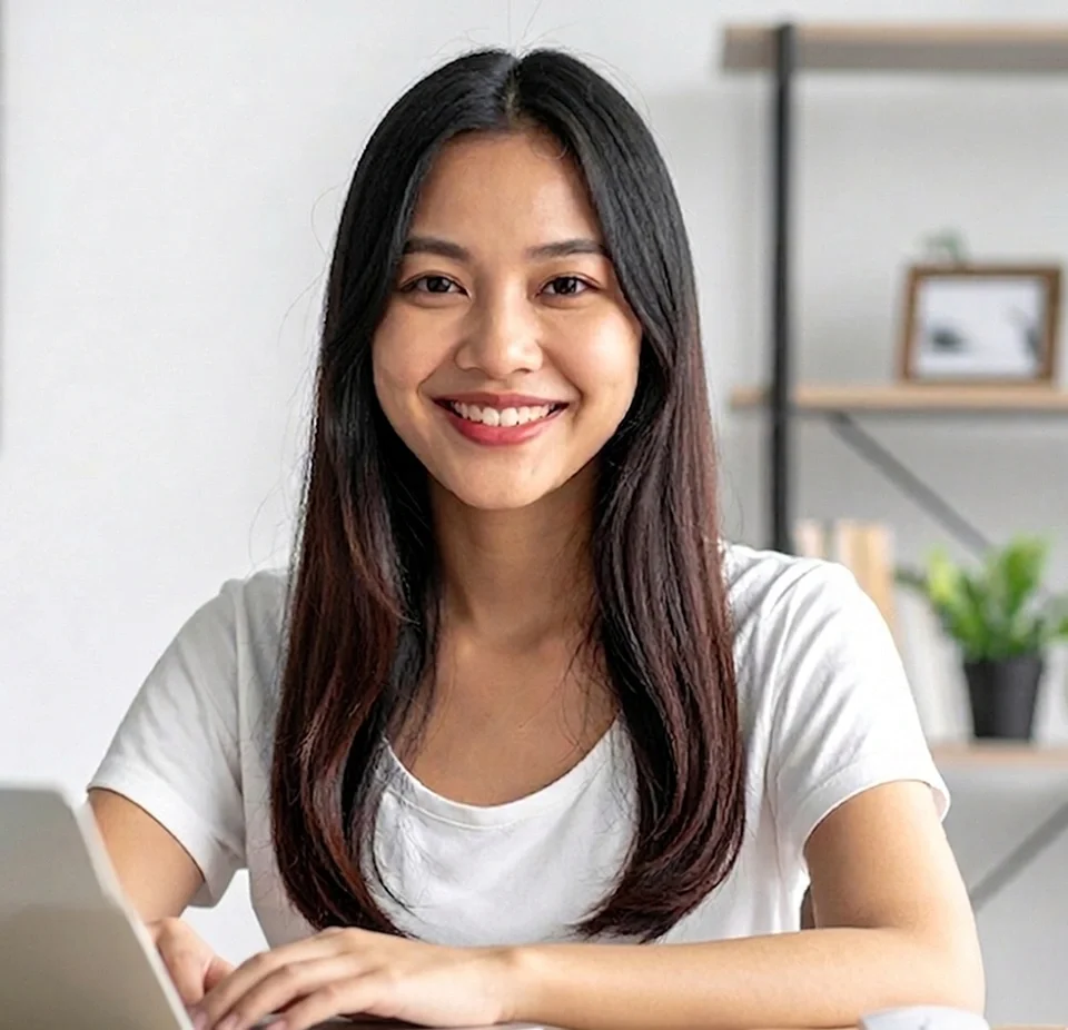 Customer service representative smiling at desk