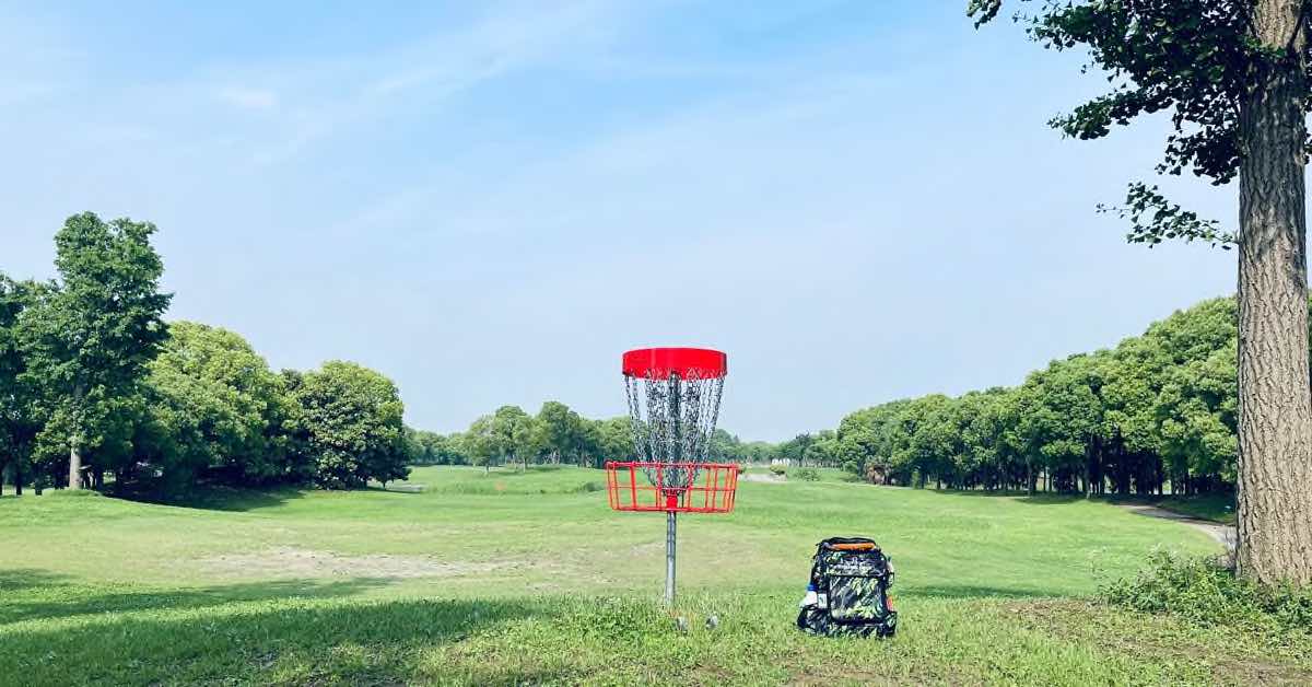 A red disc golf basket in an open area in a large park