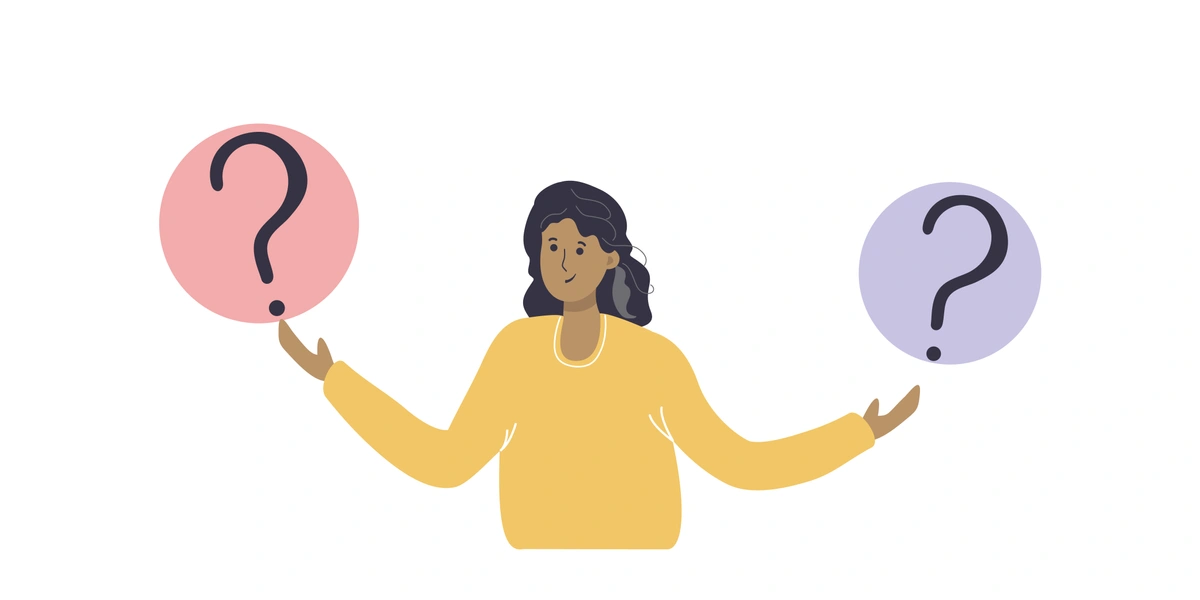A woman in a yellow sweater, looking puzzled, holds two large balloons with question marks on them, one pink and one purple.