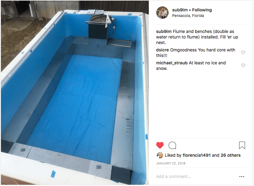 Cam's Instagram post of his newly assembled Endless Pools swimming machine