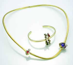 Cantilevered Neckring and Bracelet with colored stones by Michael David Sturlin