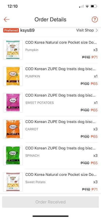 Screenshot of Shopee order of puppy biscuit treats