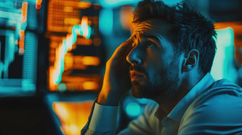 A man looking stressed or thoughtful in a dimly lit environment with computer screens showing financial graphs in the background, emphasizing a high-stress work scenario.