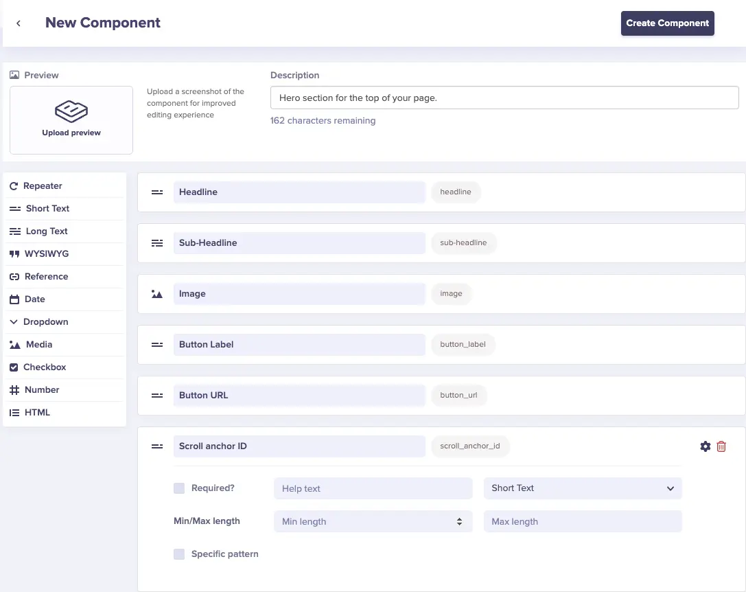 Hero component configuration.