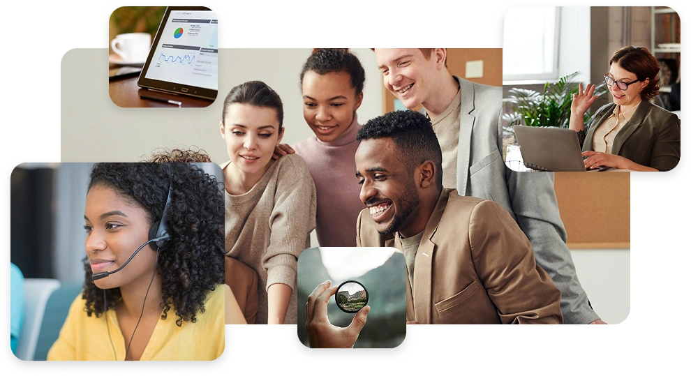 A diverse group of people collaborating, taking video calls, and analyzing data.