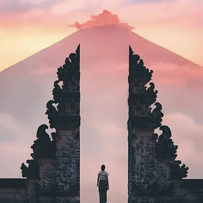 Gate to volcano at sunset