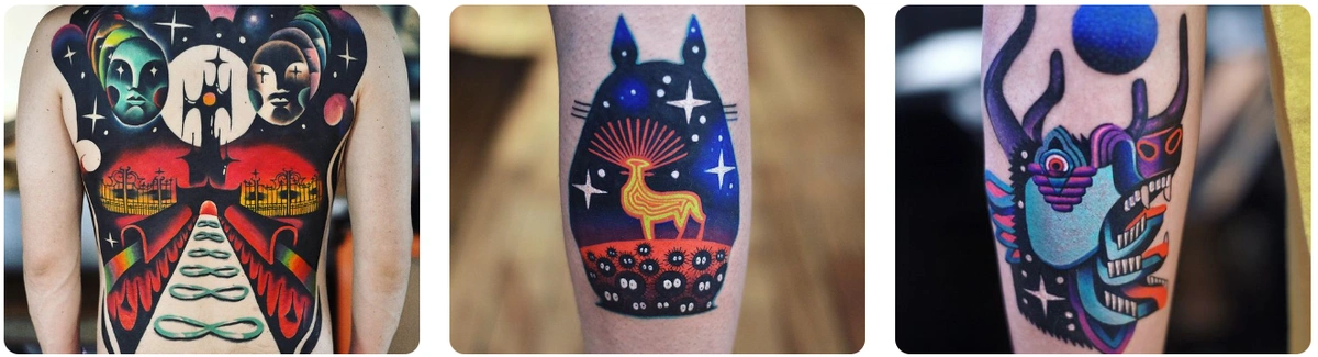 three tattoo examples by tattoo artist David Peyote