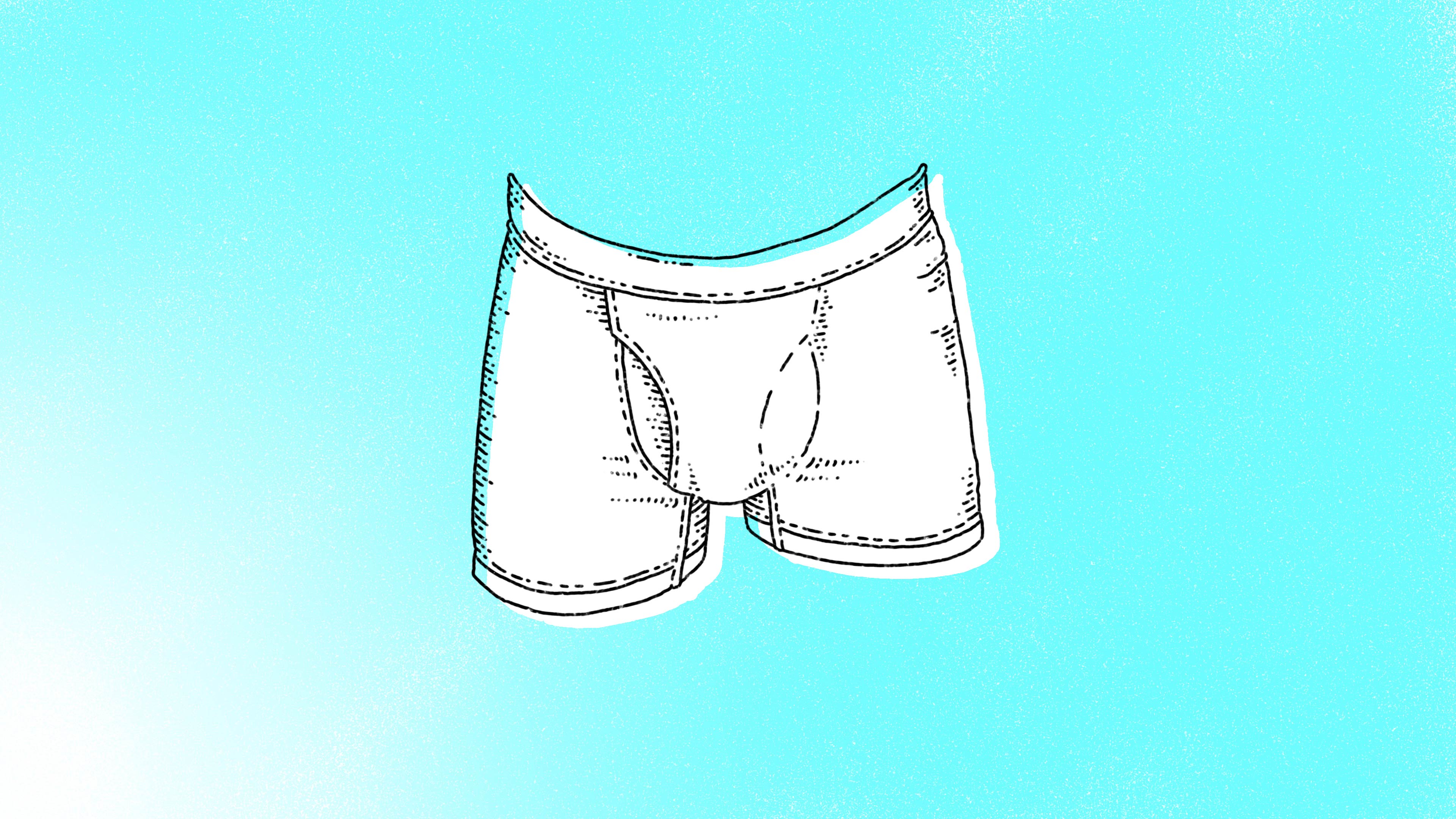 A blue background with an illustration of trunk-style underwear.