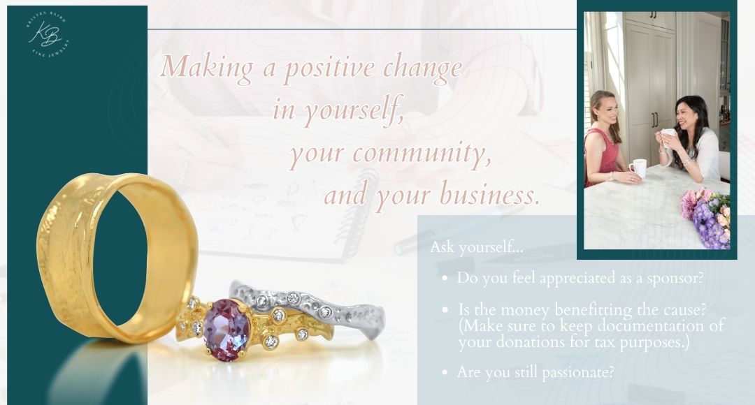 Gold jewelry pieces with text about partnering a jewelry business and a nonprofit