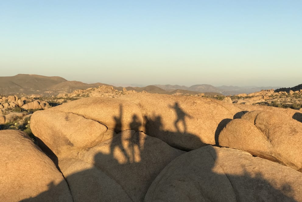 shadows of friends hiking in joshua tree california