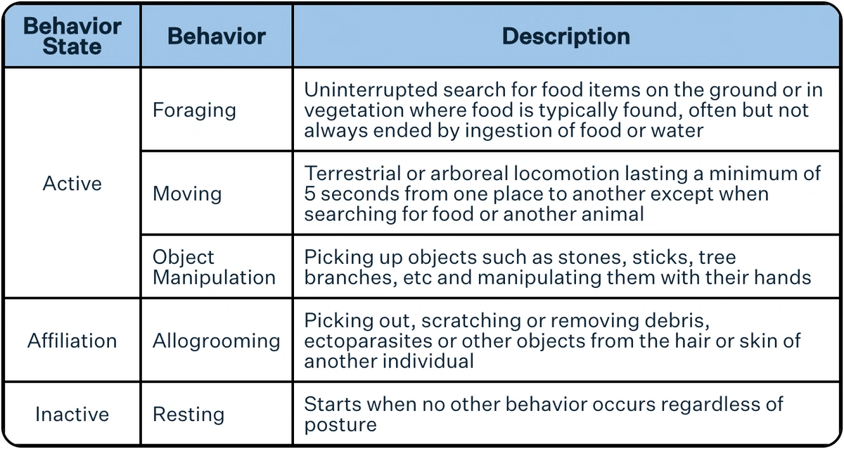 An ethogram including definitions for foraging, resting, allogrooming, moving, and object manipulation as described in Jaman & Huffman (2013).