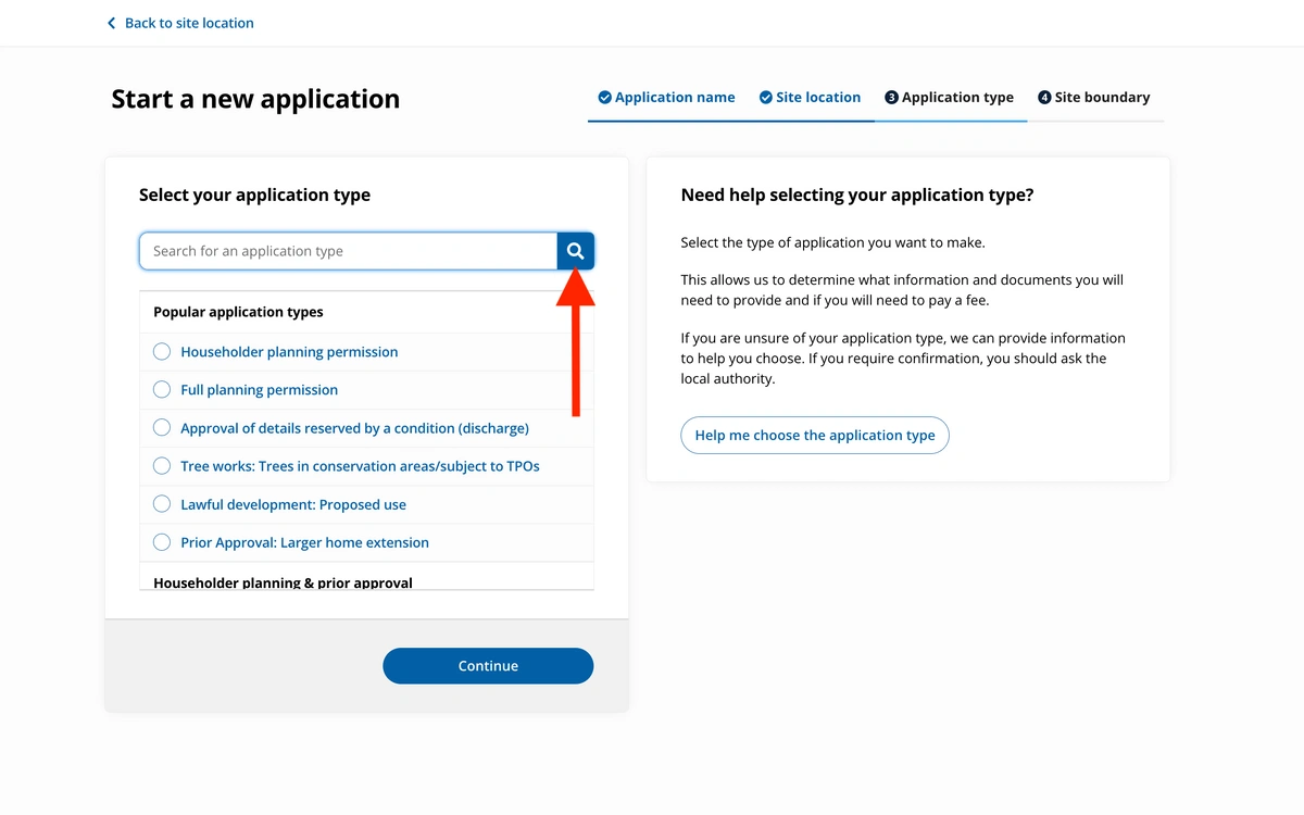 Choose your permission type on the Planning portal