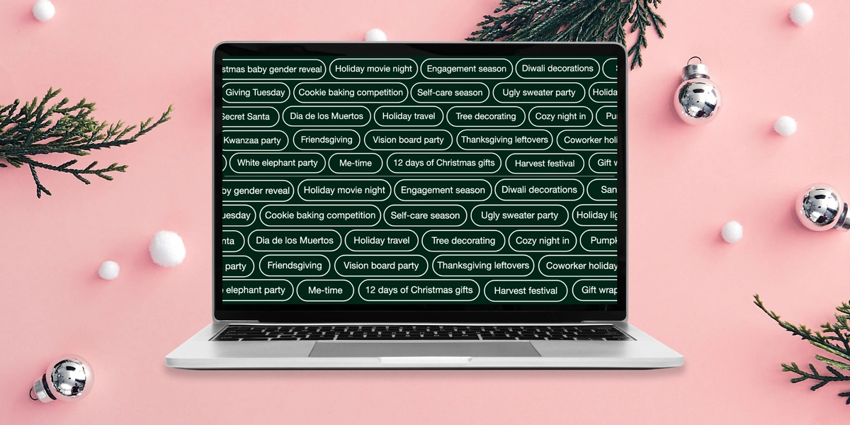 Pinterest search terms on a computer screen with holiday background