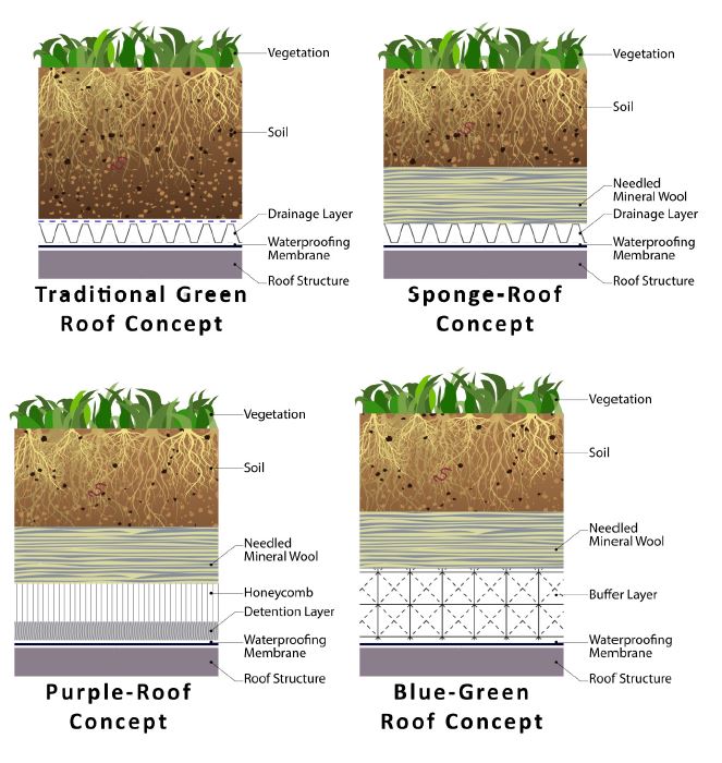 Four common green roof approaches