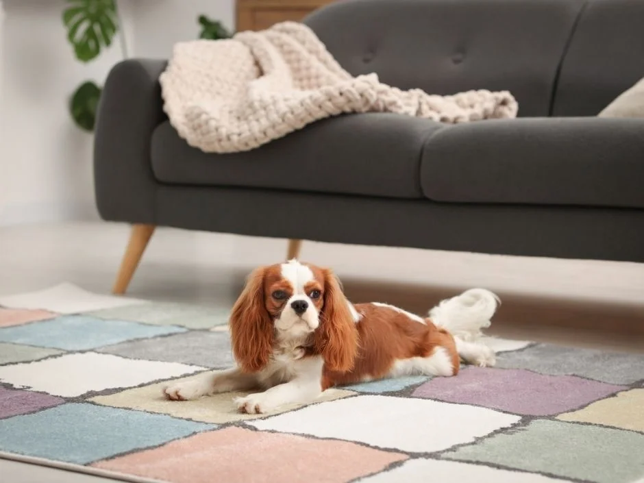 Cavalier King Charles Spaniel resting on a colorful rug in a modern apartment living room with a gray sofa in the background