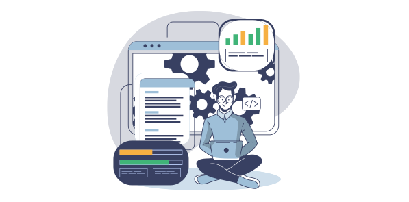 Illustration: A man sits cross-legged on the floor with a laptop in his lap. He is surrounded by various graphs comparing Angular vs Vue