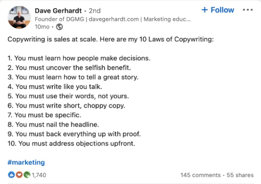 Screenshot of Dave Gerhardt copywriting laws tweet