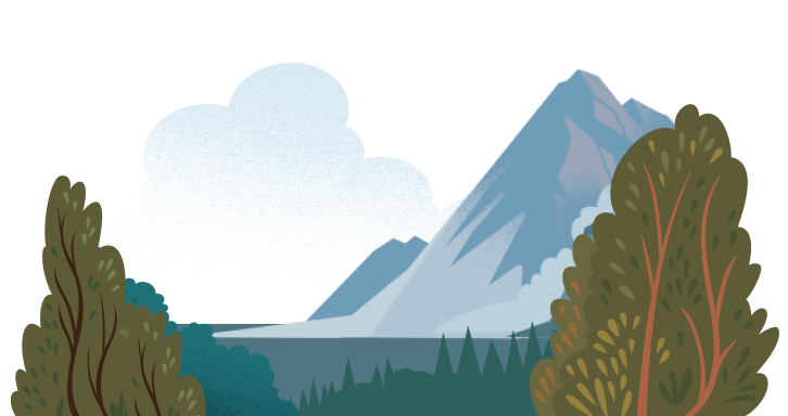 Paysage montagneux bleu avec deux arbres au premier plan