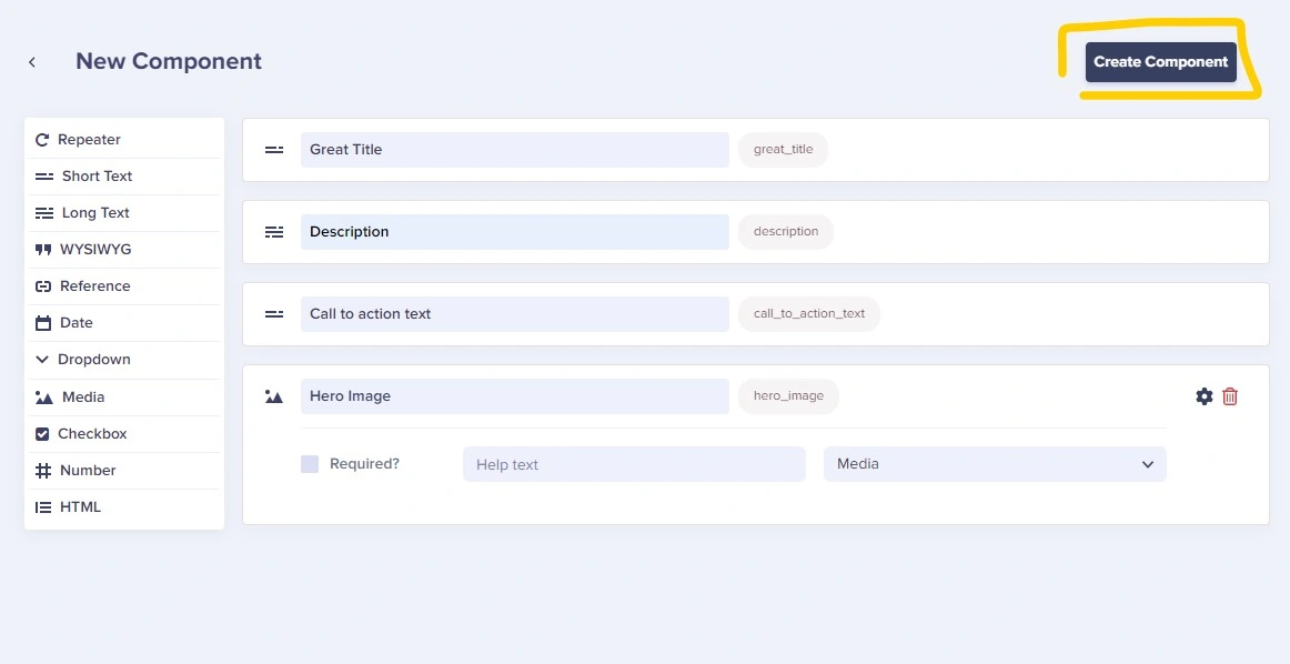 Add fields to the hero component then click create component