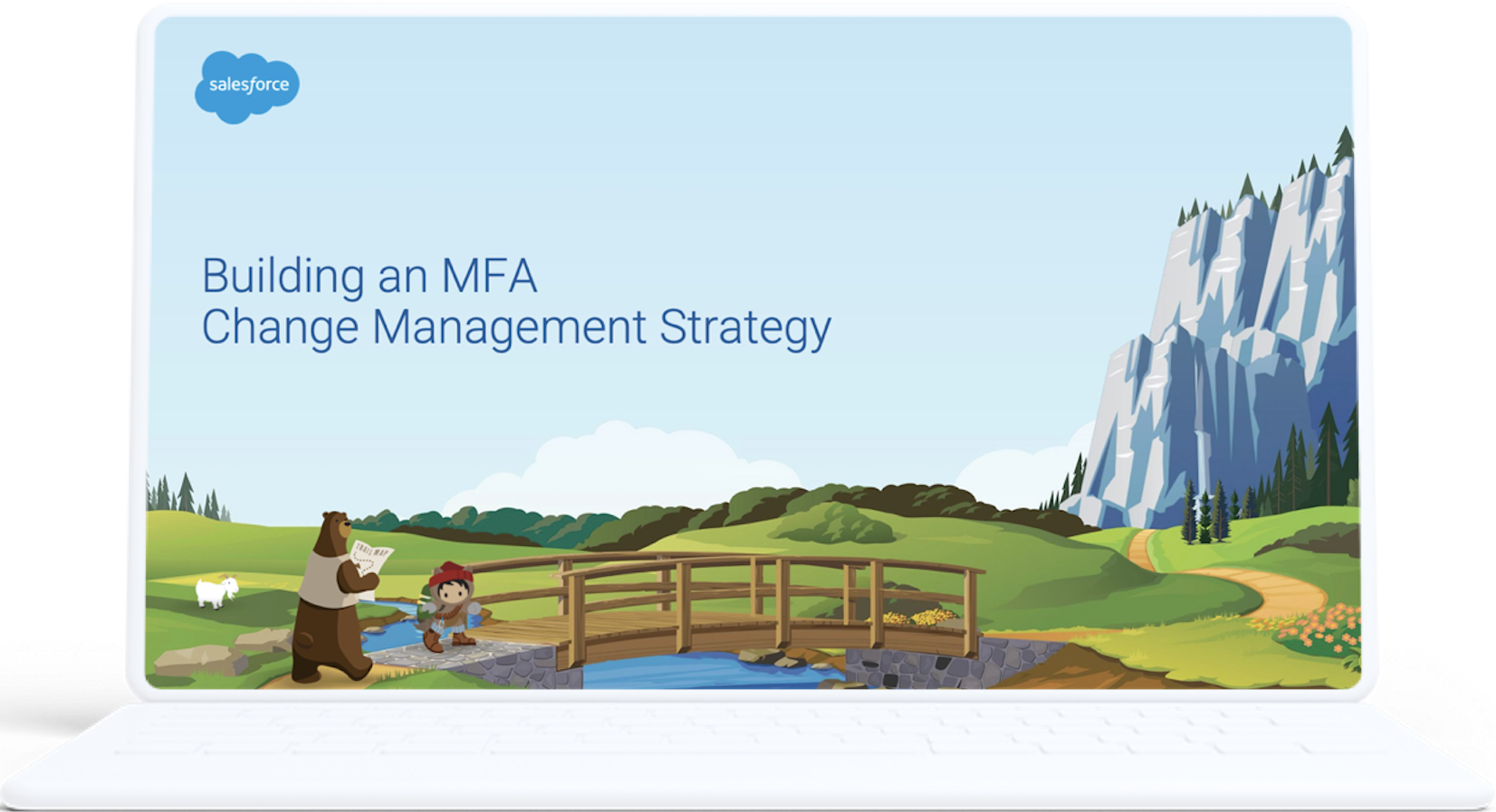 Laptop screen displaying "Building MFA Change Management Strategy"