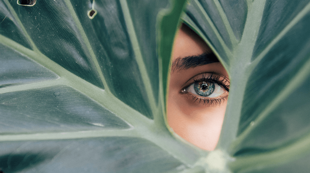 Woman staring through large leaves