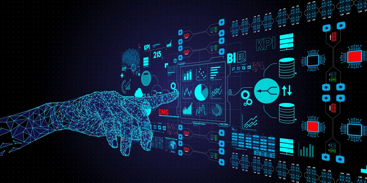 Digital art of a wireframe hand reaching towards a dashboard of various data management and analytics icons on a dark background.