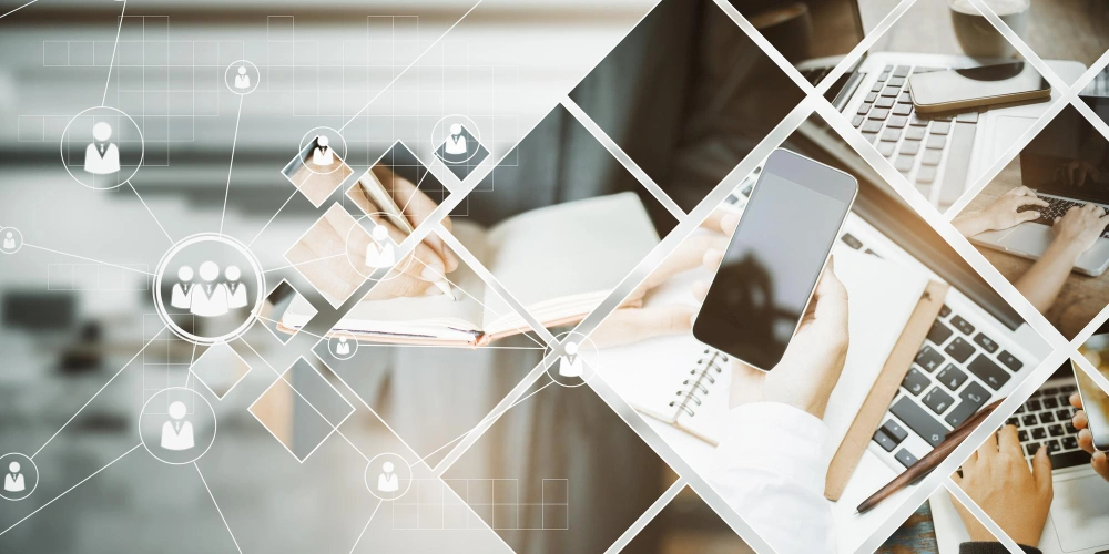 A composite image showing a person working on a laptop with digital icons and a smartphone, overlaid with a network of lines and data points, representing digital workflow or project management.