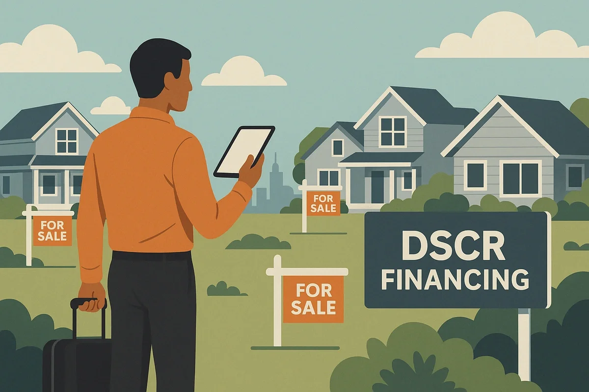 Investor standing with a tablet and suitcase while evaluating houses with “For Sale” and DSCR financing signs in a suburban neighborhood, representing Airbnb properties eligible for DSCR loans.